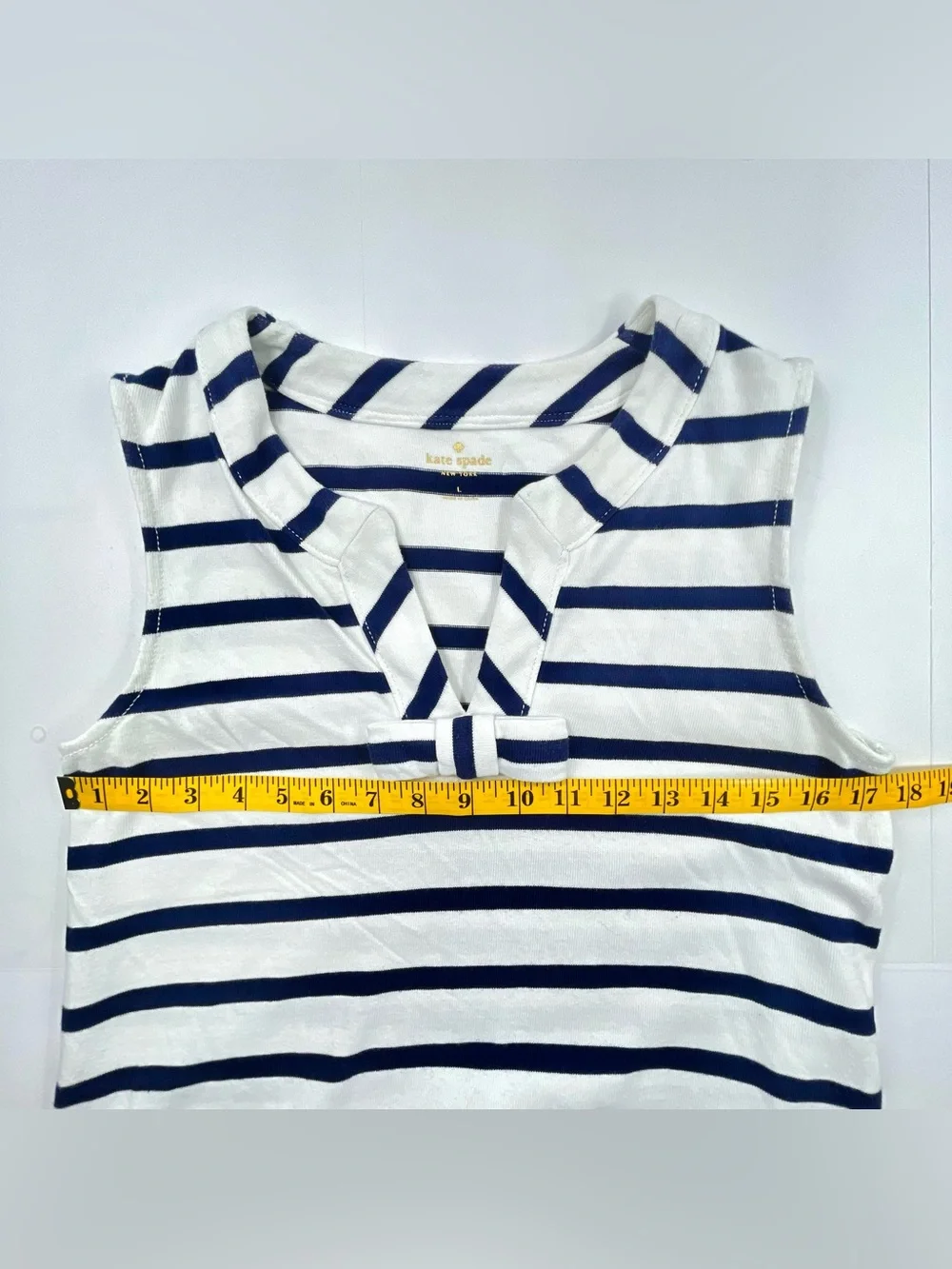 KATE SPADE Navy Blue White Striped Sleeveless Dress Bow Pockets Size Large